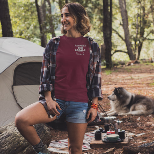 Introducing our latest camping t-shirt featuring a bear graphic and the empowering slogan "Respect The Locals".